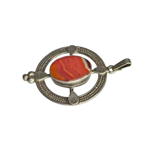 Sterling Banded Agate Carnelian Pendant, Regional Artisan Silver - Picture 2 of 3